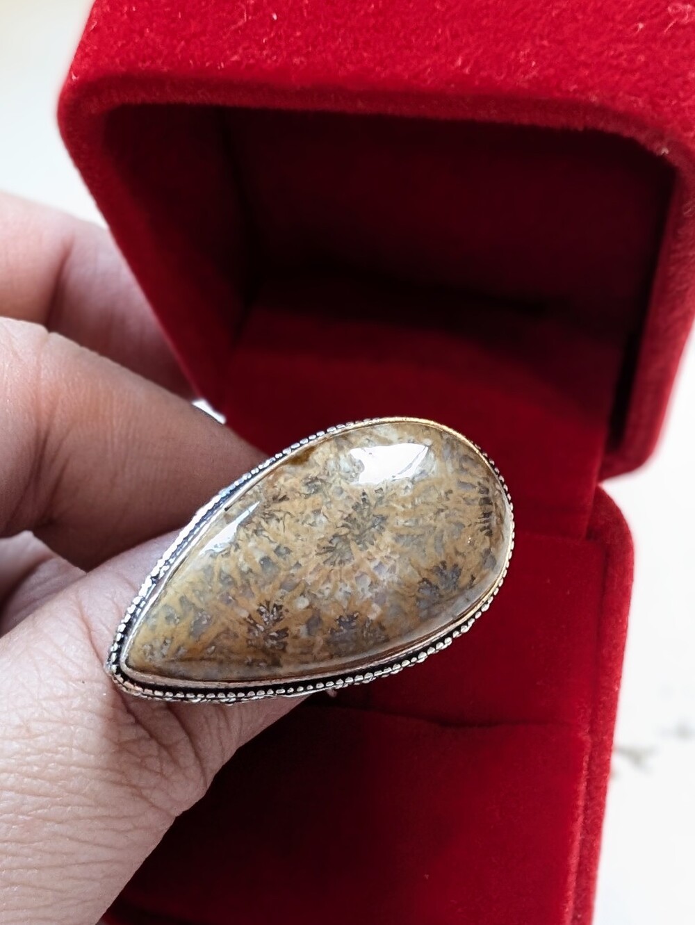 Vintage Handcrafted Fossil Coral Teardrop In 925 Sterling Silver Setting SZ 5.5